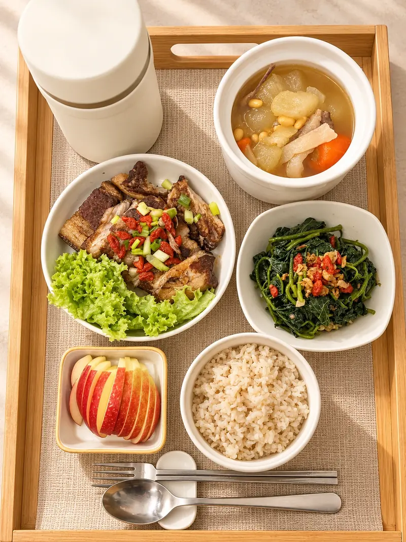 Hidangan Avida yang digayakan dengan nasi, sayur-sayuran, daging reneh, sup dan buah-buahan