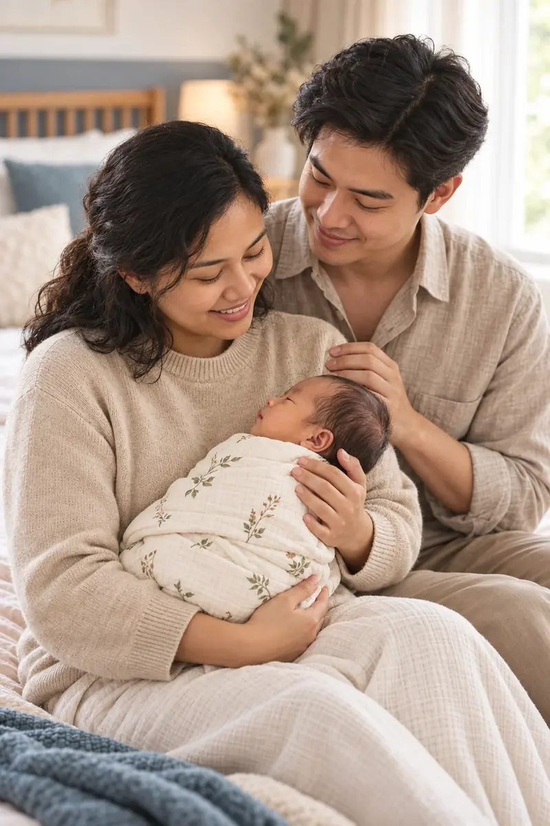 Illustrative family portrait of a father supporting a mother holding their newborn