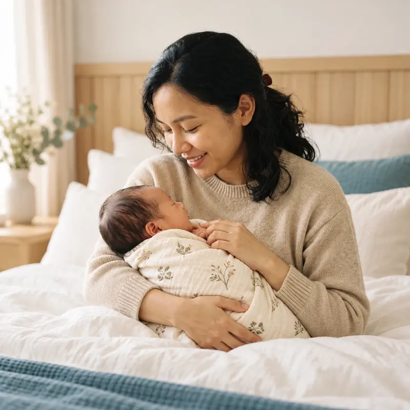 Illustrative portrait of a mother resting in bed and lovingly cradling her newborn